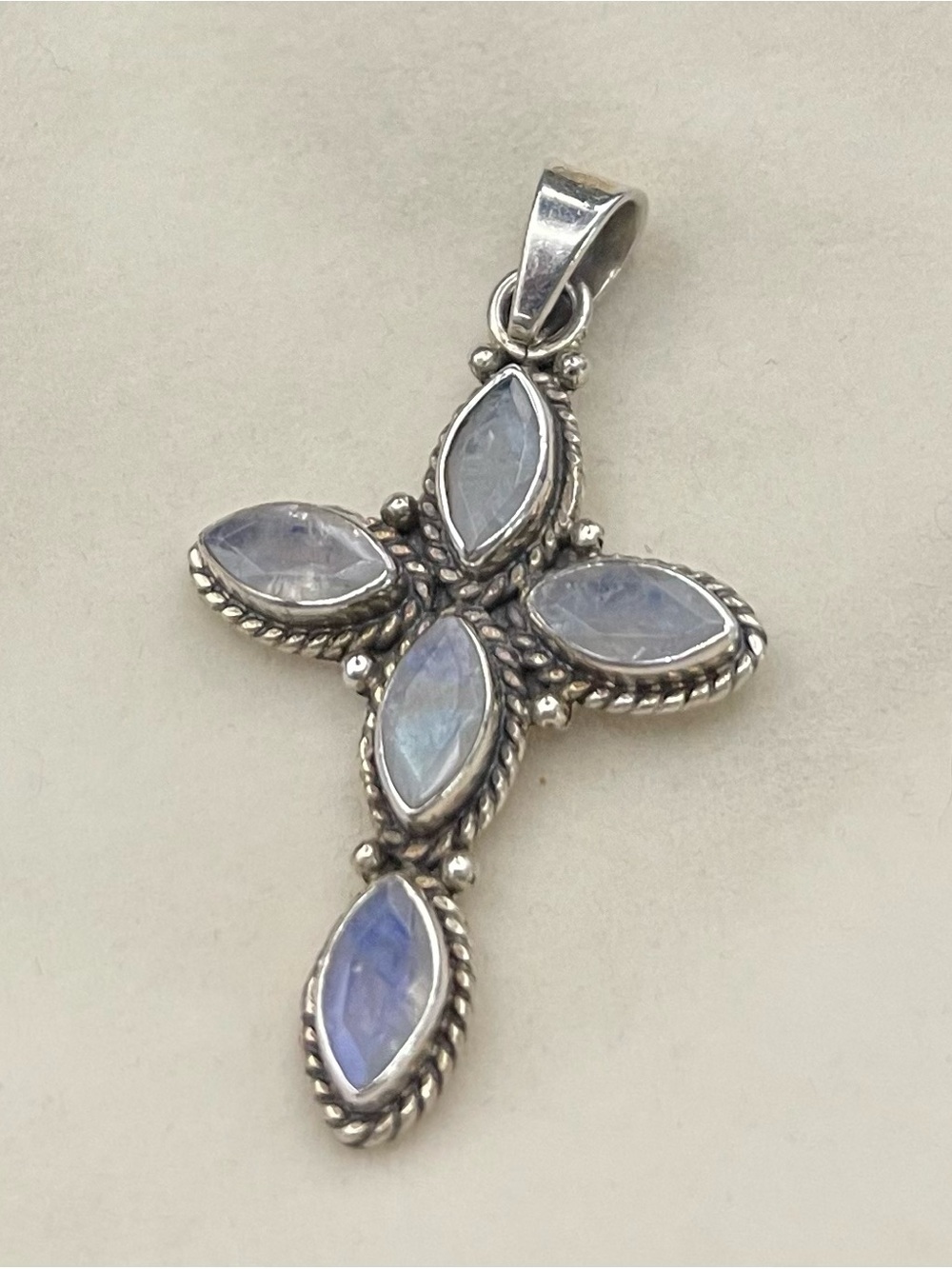 VTG .925 SS Rainbow Moonstone Cross Pendant from Silver Star Jewel 1 5/8 “ Long